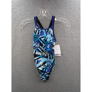 Dolfin Girls One Piece Blue Black and White Swimsuit sz 24 Training Competition